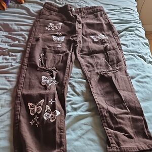 Coffe Brown Butterfly Print Ripped Jeans NEVER WORN